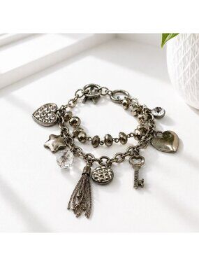 Vintage Guess Silver-Tone Charm Bracelet With Crystals Hearts Tassel & Key Accen